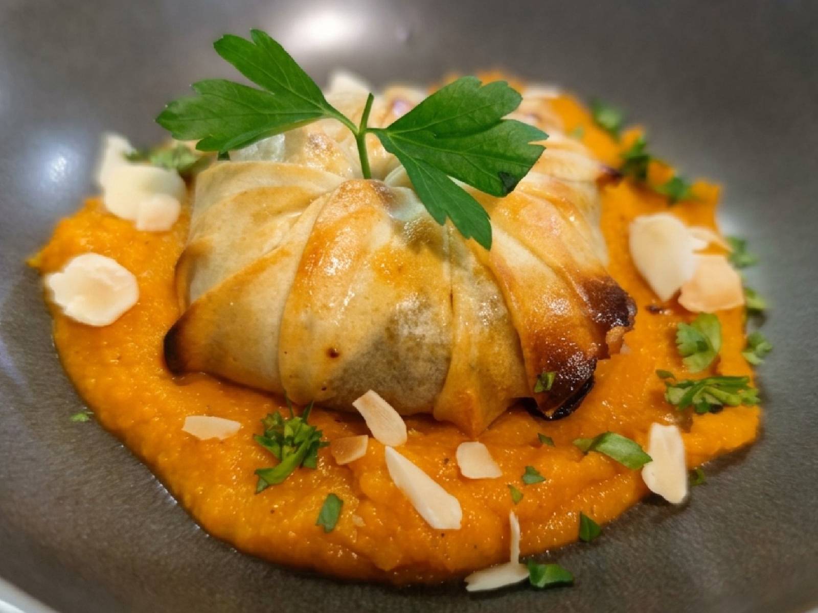 Crujiente relleno de cordero y berenjena sobre puré de boniato asado y almendras tostadas., de La Villa Portmany